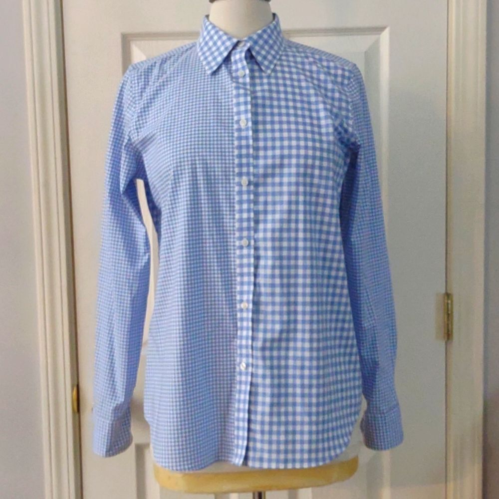 CHAPS No Iron Gingham Plaid Check Blouse Blue White Long Sleeve